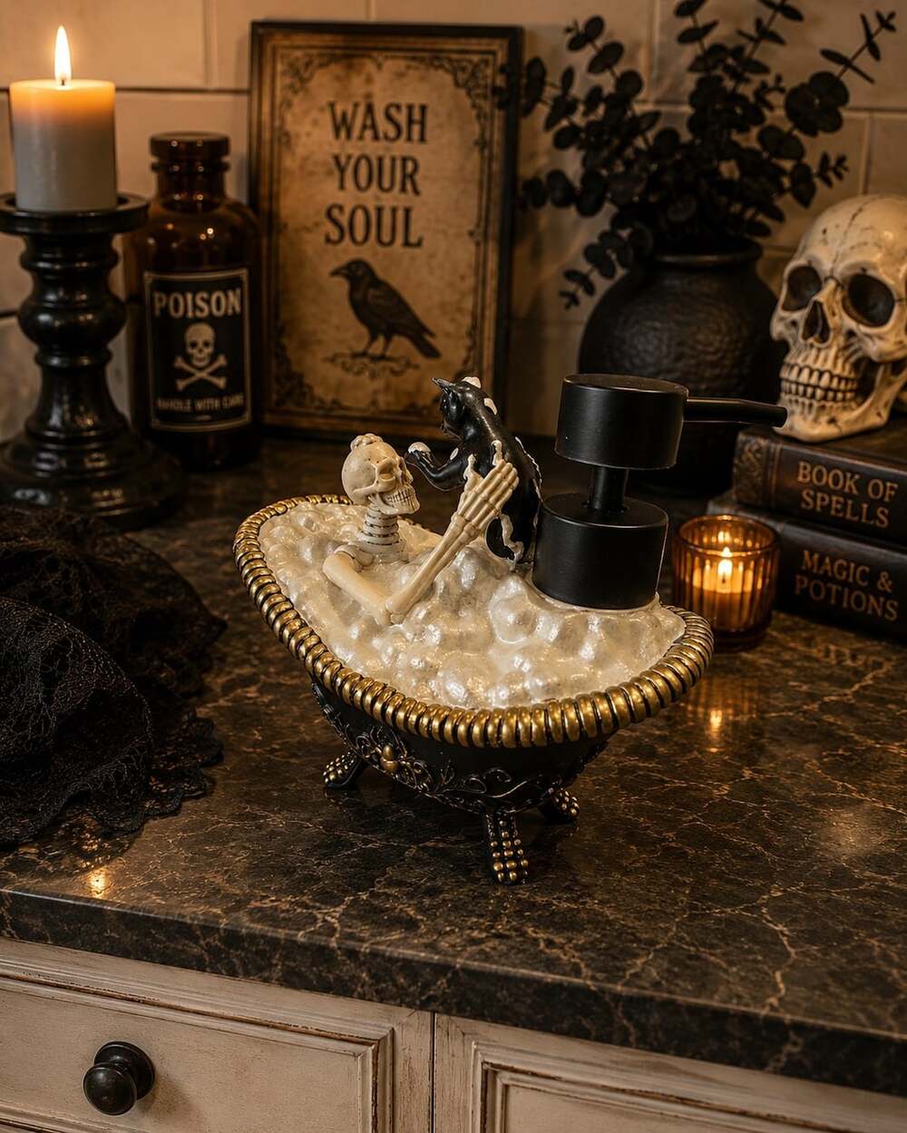 New Skeleton Taking A Bubble Bath Black Cat Halloween Soap Dispenser Decoration